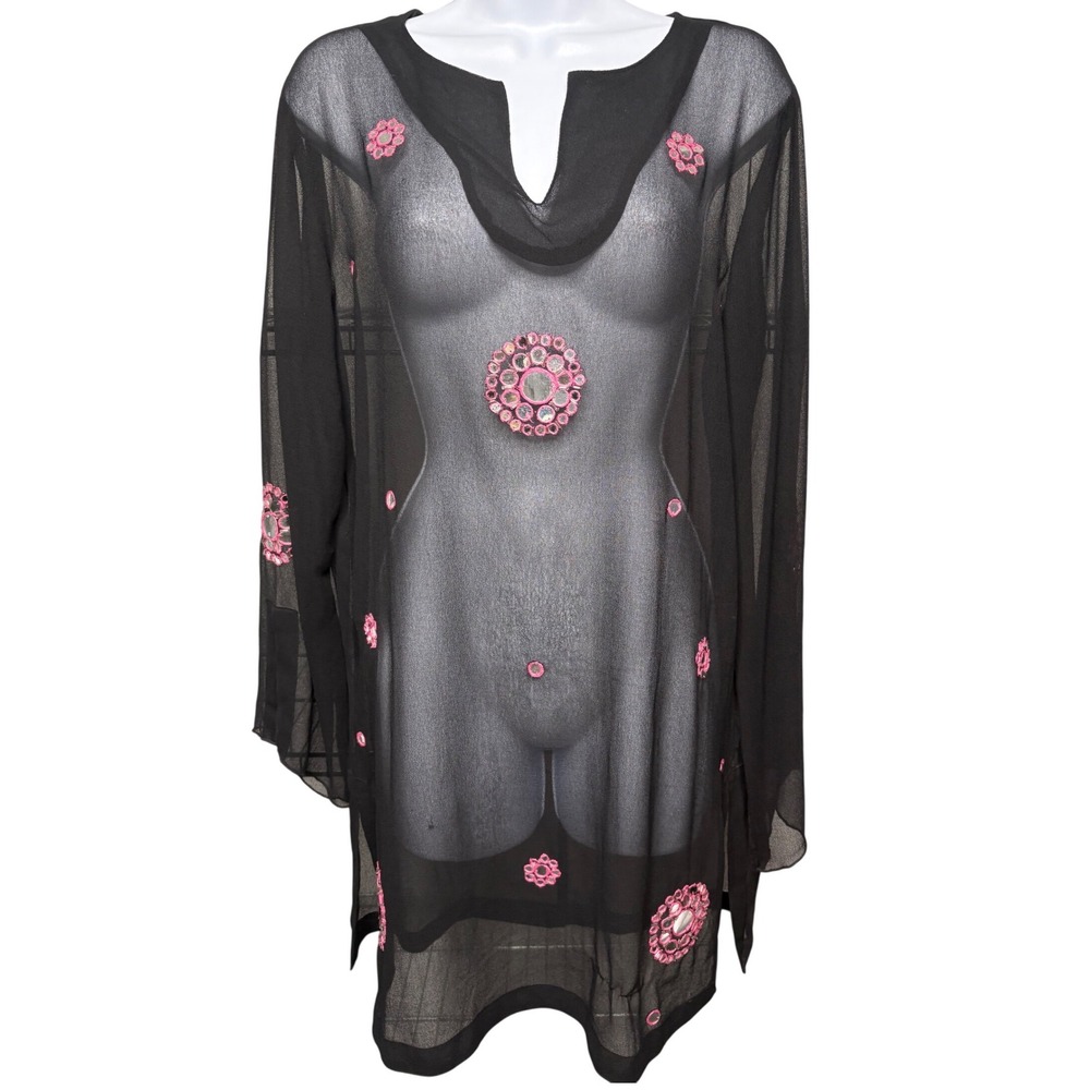 CZ COVER-UPS Womens Black‎ Mirror Embroidered Sheer Swim Coverup Tunic Sz S Boho